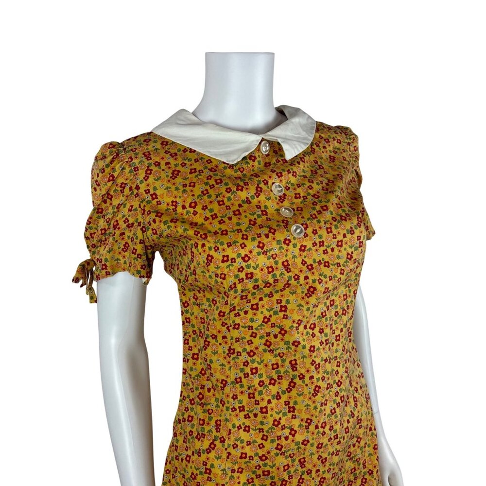 Vintage 60s Mod Mini Dress Womens Small Yellow Floral Peter Pan Collar Handmade - Picture 5 of 11